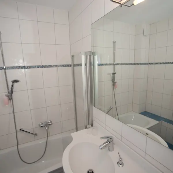 Dusche und Waschtisch des Doppelzimmer Superior im Hasthaus Hubertus Melle